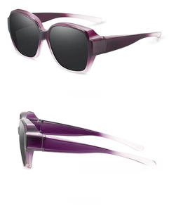 Detailed side view of purple gradient polarized sunglasses for prescription glasses