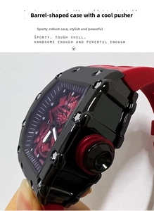 Close-up of tonneau sport watch with black case, red silicone strap and crown detailing