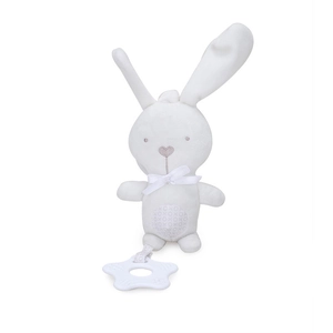 White plush bunny infant toy with XOXO embroidery and star-shaped plastic teether