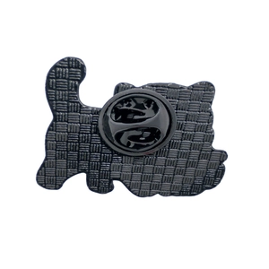 Detail view of the black metal cat badge back featuring cross texture and rubber clutch
