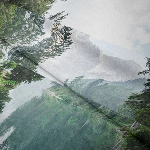 Detail of high-definition nature scenery print and textured linen-like fabric on tapestry