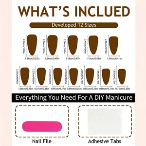 Size chart for red cat eye almond press-on nails including dimensions and tools