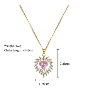Detailed size specifications for gold heart necklace with pink zircon and marquise stones