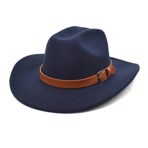 Classic dark blue wool felt cowboy hat with wide brim and brown leather decorative band