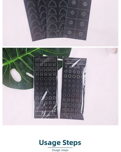 Detail of nail art stencils with butterfly and geometric patterns plus usage steps