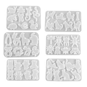 6-piece animal silicone mold set for resin pendants featuring cats, dogs and insects