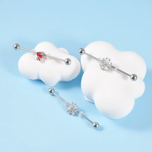 Stainless steel industrial barbells with red heart and floral cubic zirconia charms