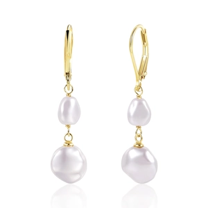 Golden plated brass earrings with natural white baroque pearls in a drop design