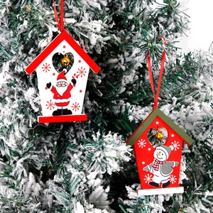 Wooden Christmas House Pendant Santa Claus Snowman Tree Hanging Decoration With Golden Bell Festive Holiday Ornament Home Decor