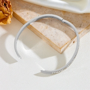 Macro detail of silver titanium steel bangle with side hinge and sparkling pavé crystals