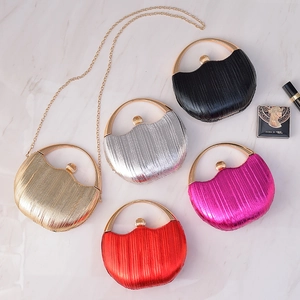 Elegant Women's Evening Clutch Bag Pleated PU Leather Handbag Round Metal Handle Chain Strap For Party Wedding Banquet
