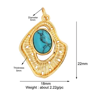 Detailed view of a gold plated irregular wave pendant with blue turquoise stone and dimensions