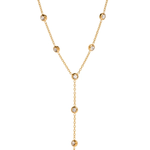 Detailed macro view of 18k gold stainless steel Y-necklace with inlaid sparkling diamonds