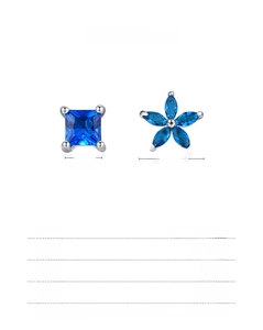 Detailed specs of S925 silver asymmetric earrings with blue zircon flower and square studs