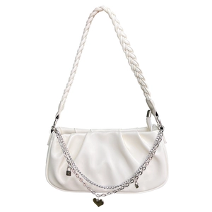 White pleated cloud shoulder bag with woven strap and silver heart pendant chain detail
