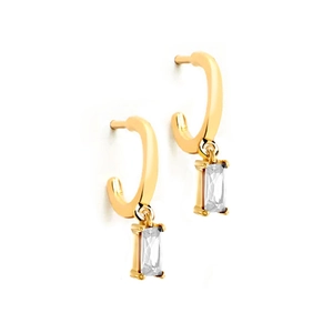 Classic gold C-shaped hoop earrings featuring rectangular white zircon drop pendants