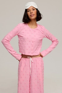 Pyjama rose à texture cœur avec haut boutonné et pantalon à taille élastique