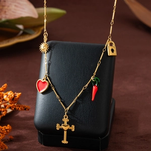 Collier Multi-Pendentifs en Acier Inoxydable Plaqué Or 18K pour Femme Vintage Soleil Cœur Croix Piment Serrure Bijoux Cadeau