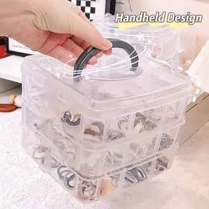 Three-layer clear plastic jewelry box with handle for hair accessories and necklaces
