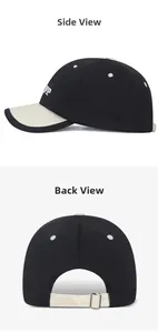 Side and back views of two-tone baseball cap with 3D embroidery and adjustable strap