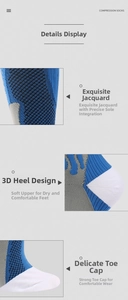 Detail view of compression socks showing reinforced toe, 3D heel, and jacquard pattern