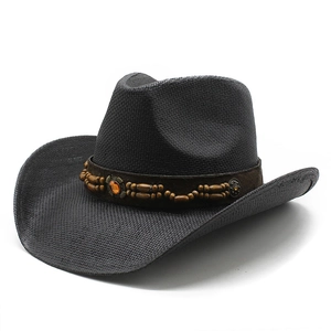 Western Cowboy Straw Hat Wide Brim Sun Protection Paper Straw Beaded Band Ethnic Retro Style Unisex Beach