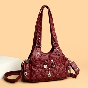 Bolso bandolera retro de cuero sintético rojo oscuro con acolchado y adorno floral