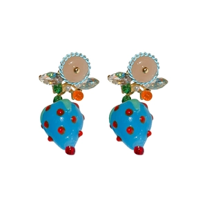 Chic blue strawberry drop earrings with silver needle and crystal leaf accents