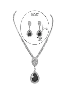 Detailed size guide showing luxury rhinestone necklace and earring set measurements