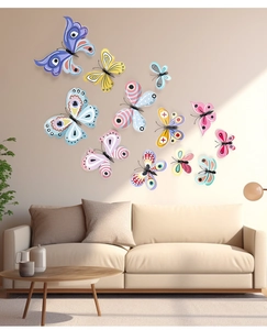 Colorful 3D PVC butterfly wall stickers set shown in a cozy living room background