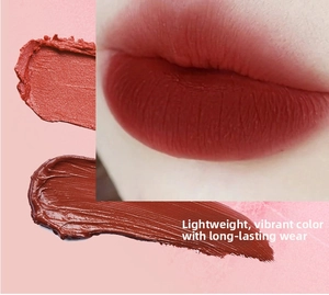 Close-up of velvet matte lip glaze texture and long-lasting lip makeup effect