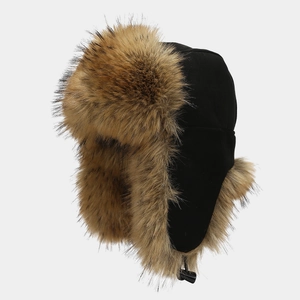 Winter thermal trapper hat with black fabric and thick faux fur ear flaps for outdoor skiing