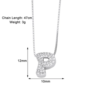 Detailed letter P necklace specs showing 47cm chain length and 12mm pendant dimensions