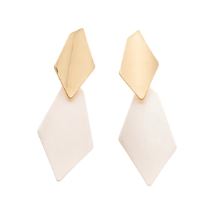 Modern geometric rhombus drop earrings with brushed gold metal and cream resin accents