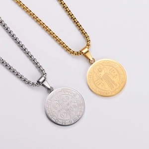 Gold and silver stainless steel Saint Benedict medal necklaces with classic box chains