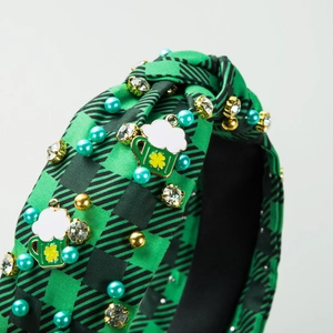 Plaid St. Patrick's Day headband with green pearls, rhinestones and beer mug charms