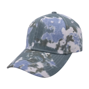 Detailed view of blue tie-dye baseball cap with camouflage twill cotton fabric