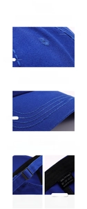 Detail of navy blue cotton baseball cap featuring metal buckle and premium stitching