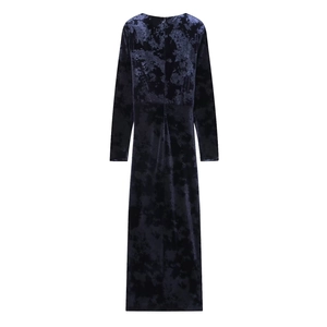 Navy blue long sleeve velvet midi dress with back invisible zipper detail and subtle sheen