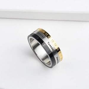 Rotating stainless steel calendar ring with Roman numerals and day display in three colors