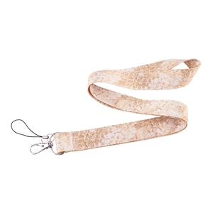 Macro detail of beige marble texture neck lanyard with silver lobster clasp and loop