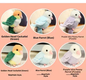 Detail of plush parrot bracelets and keychains in colorful bird species designs
