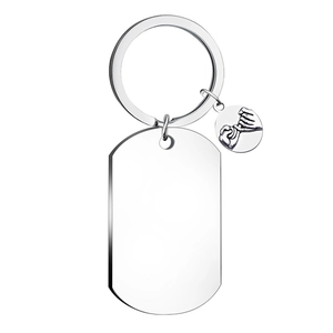 Polished silver stainless steel rectangle dog tag keychain with pinky swear charm