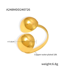 Detail of 18k gold plated copper open ring featuring 1.6cm round spheres and 6.8g weight