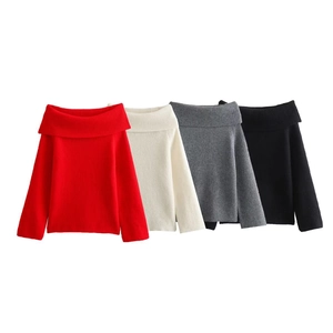 Women Casual Ribbed Knit Off The Shoulder Sweater Slim Fit Solid Color Long Sleeve Pullover Y2K Streetwear Fashion Jumper Top
