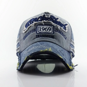 Vintage frayed denim baseball cap with Rock Shank embroidery in navy and grey