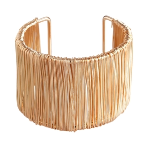Minimalist gold wrapped wire geometric open bangle with multi-layered line design