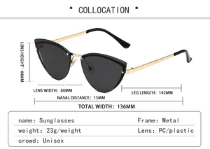 Detailed size measurement chart for cat eye metal sunglasses with dimensions in millimeters