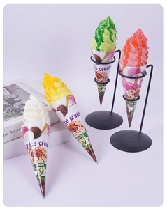 Detailed view of four colorful PU ice cream cones displayed on black metal stands