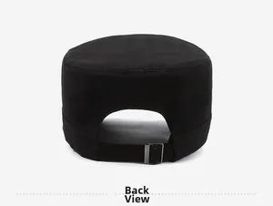 Rear view of black flat top cotton military cap showing adjustable metal buckle strap